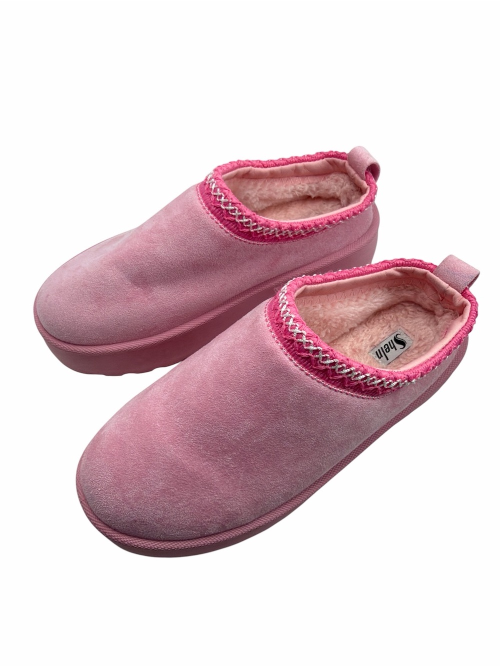 SHEIN Pink Plush Slip-On Slippers with Faux Fur Lining